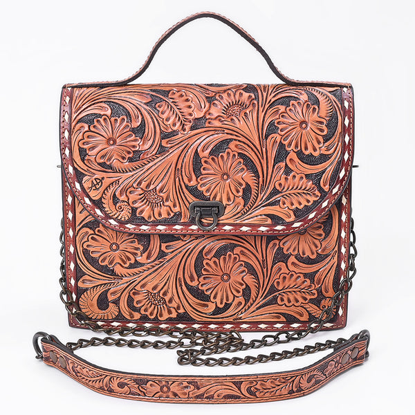ADBG1816 American Darling Hand Tooled Floral Carved Leather Western Cross body Bag with Chain Strap