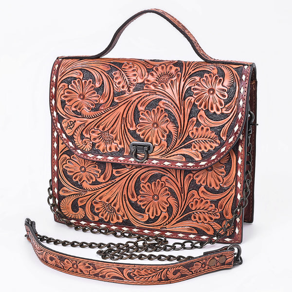 ADBG1816 American Darling Hand Tooled Floral Carved Leather Western Cross body Bag with Chain Strap