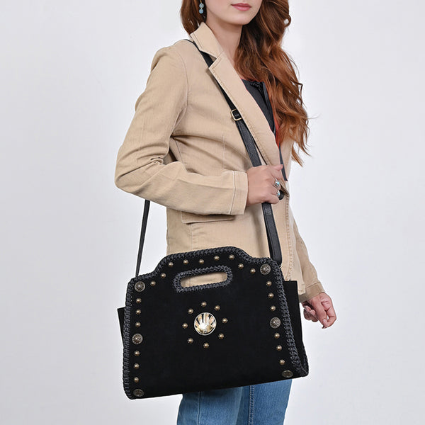 ADBGA904 American Darling Western Suede Leather Clutch Bag with Braided Trim & Concho Accents