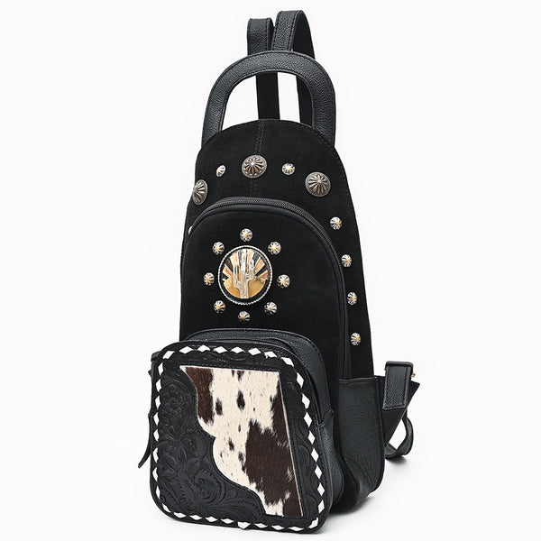ADBGA908 American Darling Western Sling Bag - Hand Tooled Floral Leather & Hair-on Cowhide