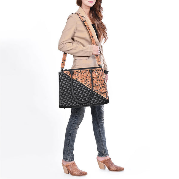 ADBG1820 American Darling Hand Tooled Floral Carved & Quilted Leather Western Tote Bag