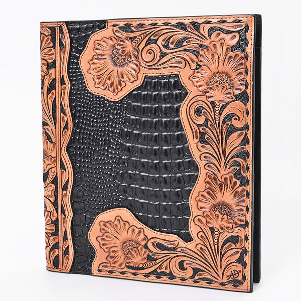 ADBG1823 American Darling Hand Tooled Floral & Crocodile Embossed Leather Western Portfolio Bag
