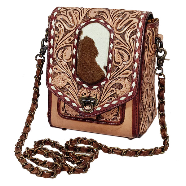 ADBG1825 American Darling Hand Tooled Floral & Hair-On Cowhide Western Cross body Bag