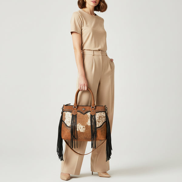ADBGM801 American Darling Handcrafted Hair-On Cowhide Tote Bag with Western Fringes