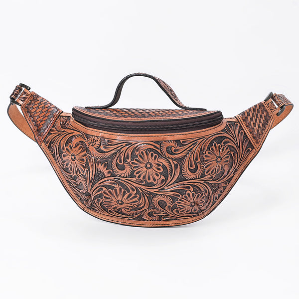 ADBG1830 American Darling Hand Tooled Floral & Basket Weave Leather Western Fanny Pack