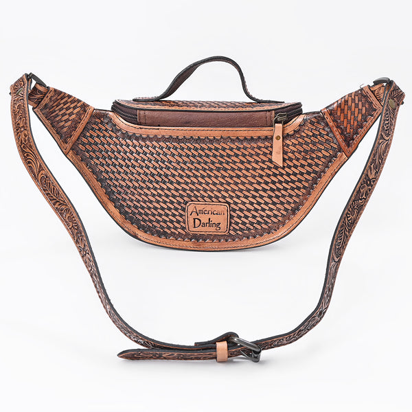 ADBG1830 American Darling Hand Tooled Floral & Basket Weave Leather Western Fanny Pack