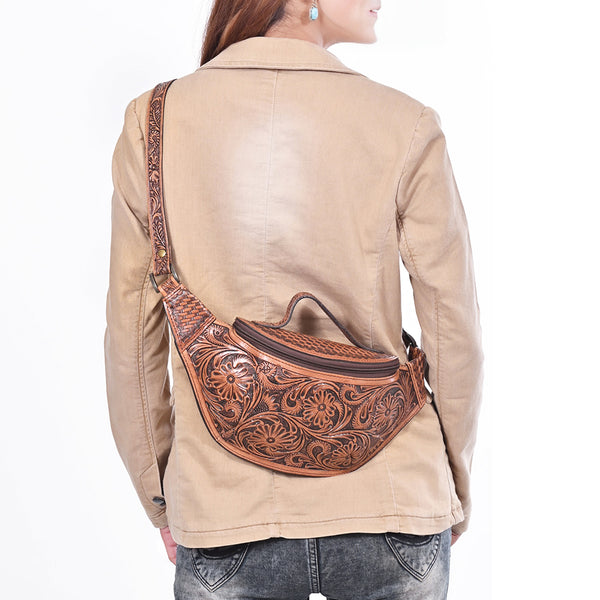 ADBG1830 American Darling Hand Tooled Floral & Basket Weave Leather Western Fanny Pack