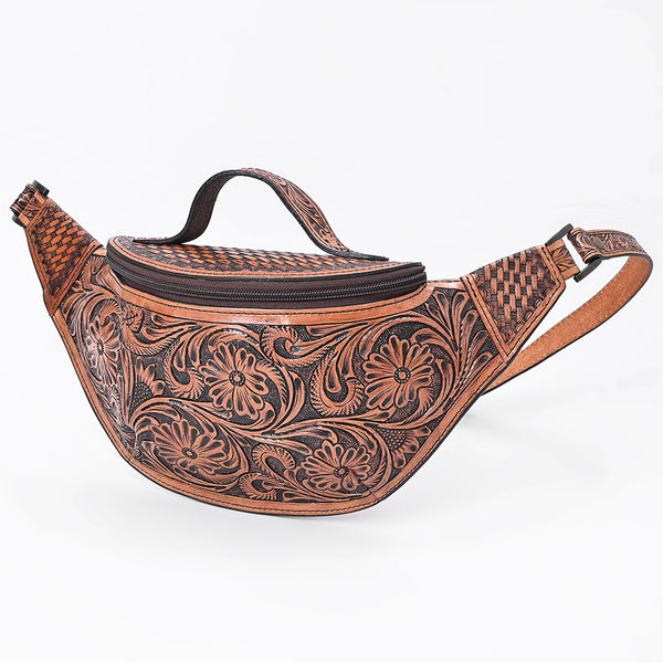 ADBG1830 American Darling Hand Tooled Floral & Basket Weave Leather Western Fanny Pack