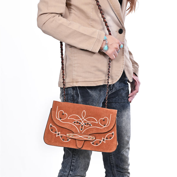 ADBG1832 American Darling Western Cross body Bag with Rivetted Genuine Suede Leather & Embroidery
