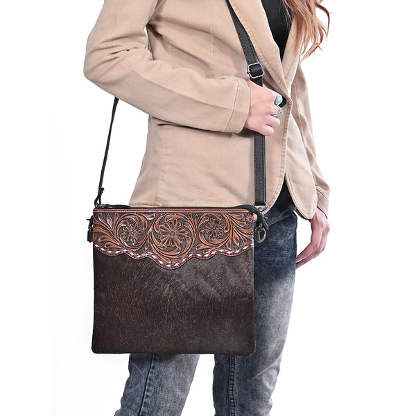 OHG201 Ohlay Hand-Tooled Leather Crossbody Bag with Floral Accents