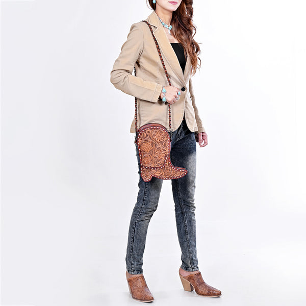 ADBG1846 American Darling Western Leather Cross body Bag - Hand-Tooled Floral Shoe Shape Crossbody