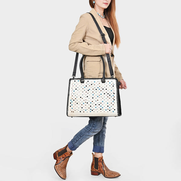 ADBG1848 American Darling Western Leather Tote Bag - Hair-On Cowhide & Braided Riveted Detail