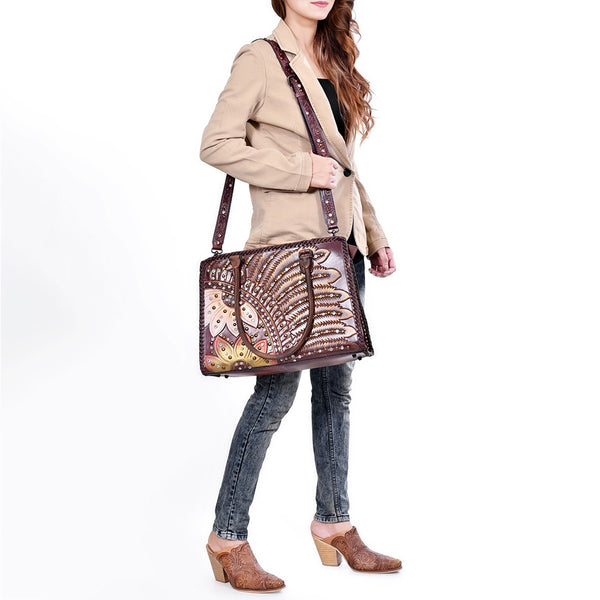 ADBG1849 American Darling Western Leather Tote Bag - Hand-Tooled Floral Carved Shoulder Bag