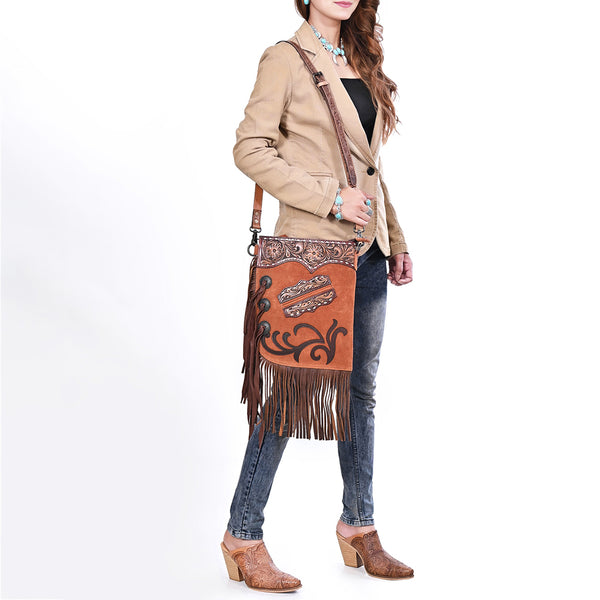 ADBG1852 American Darling Western Chaps Bag - Hand-Tooled Floral Genuine Suede Crossbody with Fringes