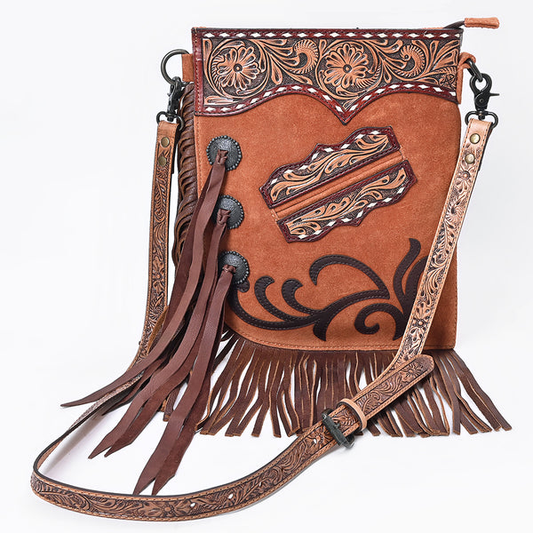 ADBG1852 American Darling Western Chaps Bag - Hand-Tooled Floral Genuine Suede Crossbody with Fringes