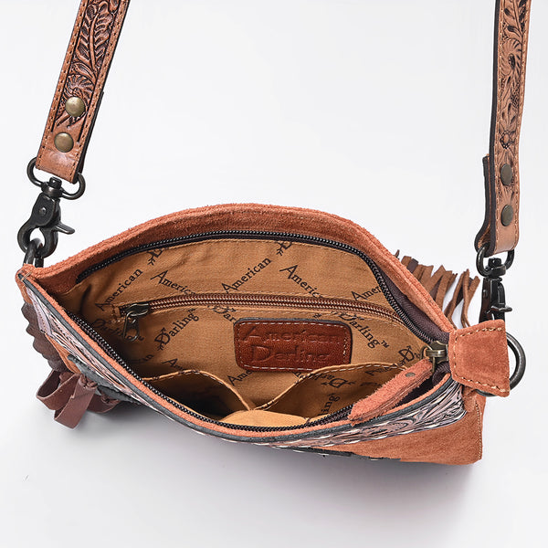 ADBG1852 American Darling Western Chaps Bag - Hand-Tooled Floral Genuine Suede Crossbody with Fringes