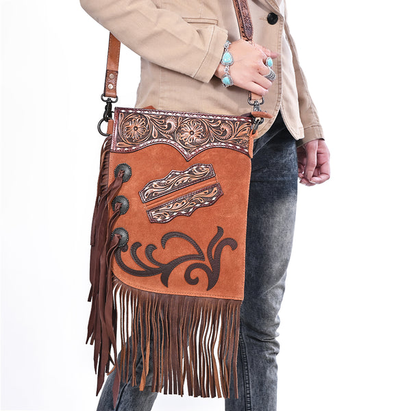 ADBG1852 American Darling Western Chaps Bag - Hand-Tooled Floral Genuine Suede Crossbody with Fringes