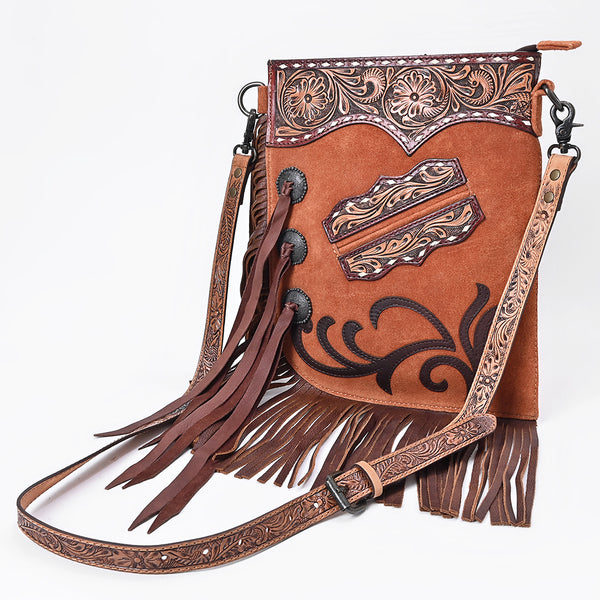 ADBG1852 American Darling Western Chaps Bag - Hand-Tooled Floral Genuine Suede Crossbody with Fringes