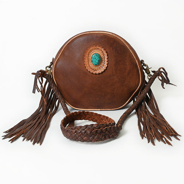 ADBGM292 Round Western Canteen Bag - Turquoise Concho, Fringe & Braided Strap