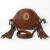 ADBGM292 Round Western Canteen Bag - Turquoise Concho, Fringe & Braided Strap