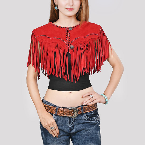 ADDR023 American Darling Red Suede Leather Cape Western Fringe Concho Top