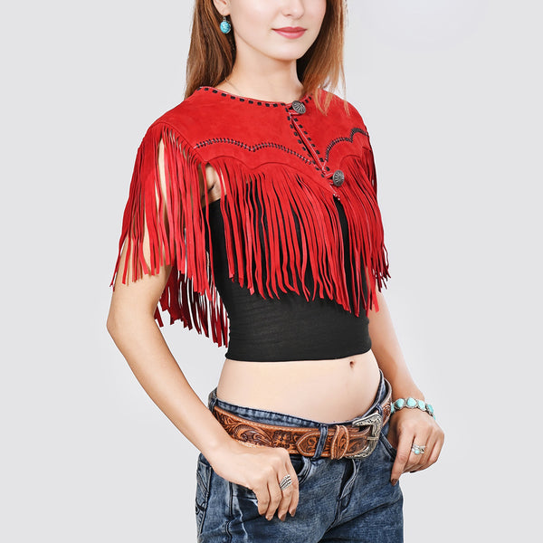 ADDR023 American Darling Red Suede Leather Cape Western Fringe Concho Top