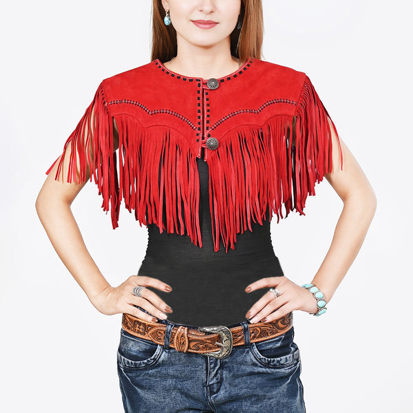 ADDR023 American Darling Red Suede Leather Cape Western Fringe Concho Top