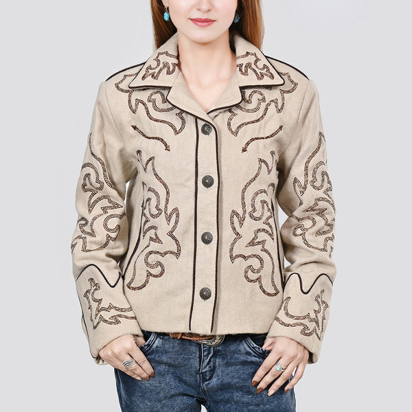 ADJKT079 Women Western Button-Front Woolen Jacket with Embroidery