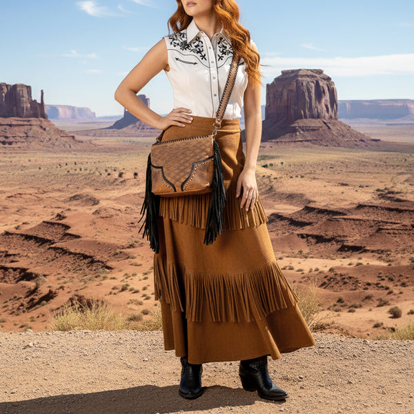 ADBGM831 American Darling Quilted Western Leather Cross body Bag with Fringes and Rivets
