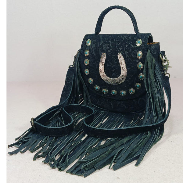 ADBG1858 American Darling Floral Embossed Leather Horseshoe Fringe Messenger Bag