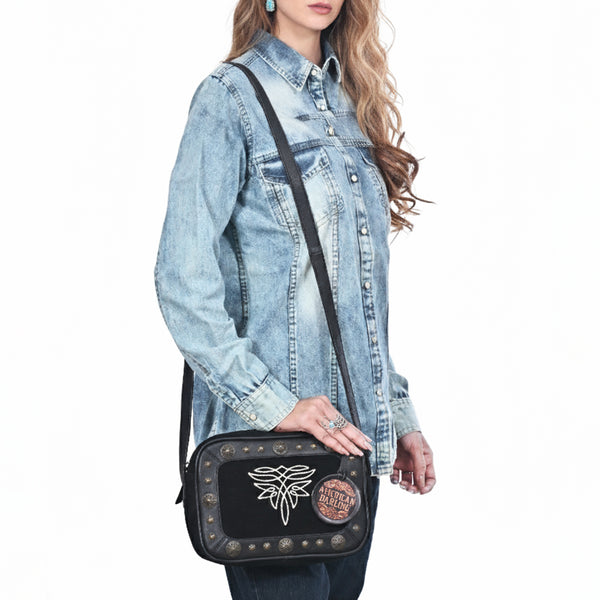 ADBGA955A American Darling Western Embroidered Camera Bag - Black Genuine Suede Leather with Concho