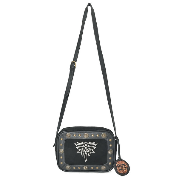 ADBGA955A American Darling Western Embroidered Camera Bag - Black Genuine Suede Leather with Concho