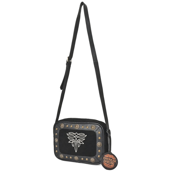 ADBGA955A American Darling Western Embroidered Camera Bag - Black Genuine Suede Leather with Concho