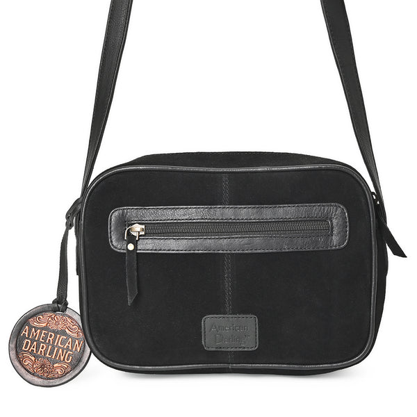 ADBGA955A American Darling Western Embroidered Camera Bag - Black Genuine Suede Leather with Concho