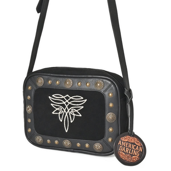 ADBGA955A American Darling Western Embroidered Camera Bag - Black Genuine Suede Leather with Concho