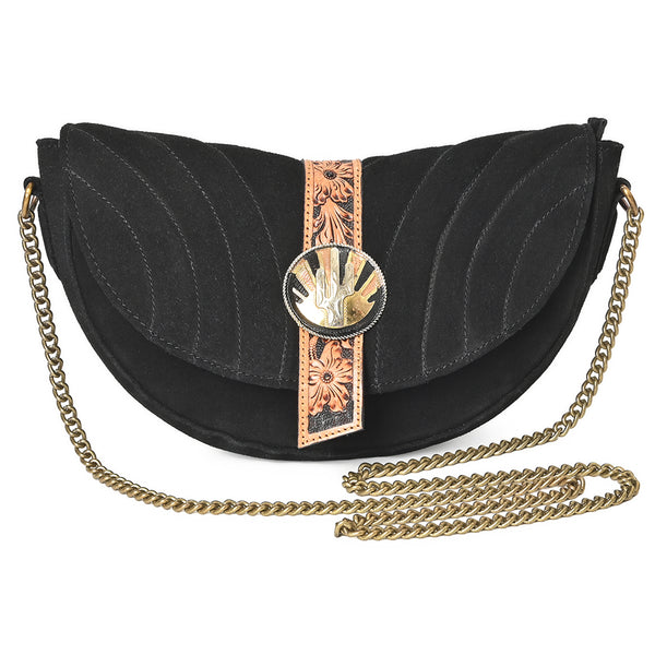 ADBGA956 American Darling Western Suede Cross body Bag - Hand Tooled Floral Trim & Concho