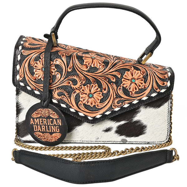 ADBGA957 American Darling Hand Tooled Floral Leather Messenger Bag with Hair-On Cowhide