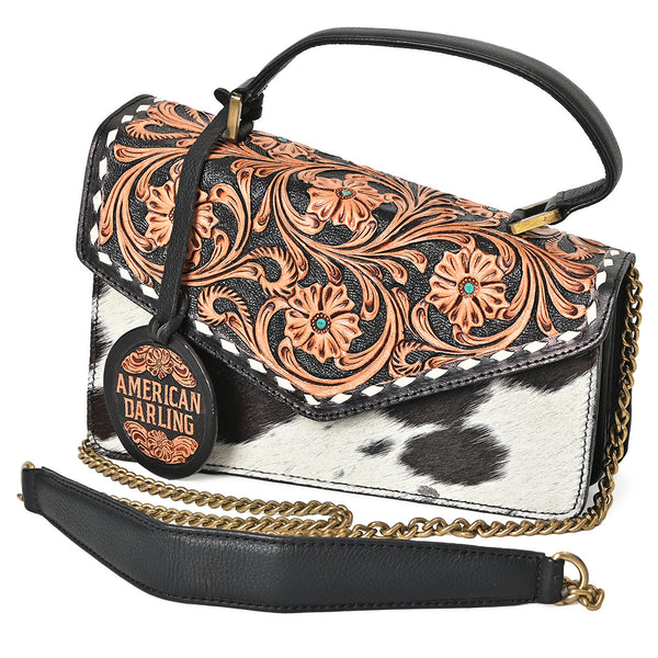 ADBGA957 American Darling Hand Tooled Floral Leather Messenger Bag with Hair-On Cowhide