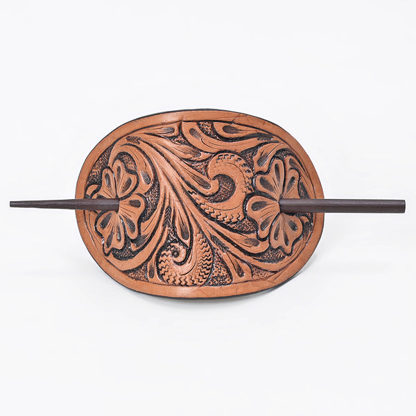 ADHCG101D-L American Darling Leather Hair Stick Barrette Floral Tan Hair Accessories