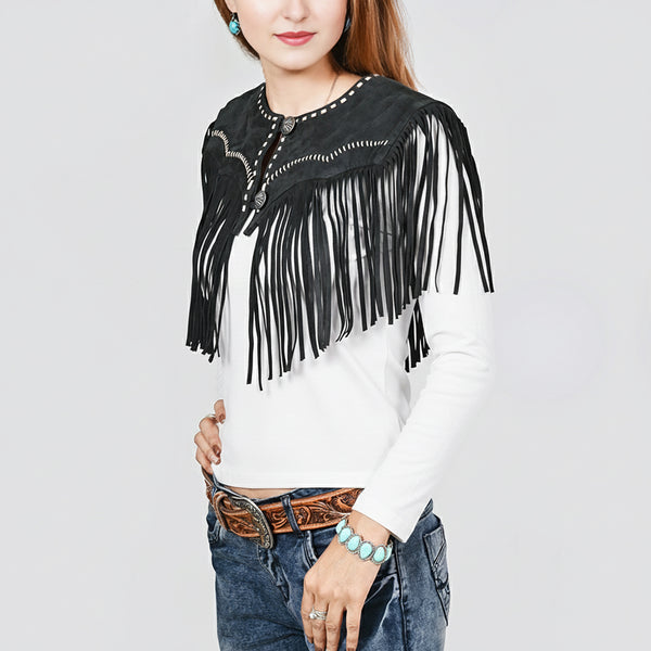 ADDR023A American Darling Black Suede Leather Fringe Cape Western Concho Vest