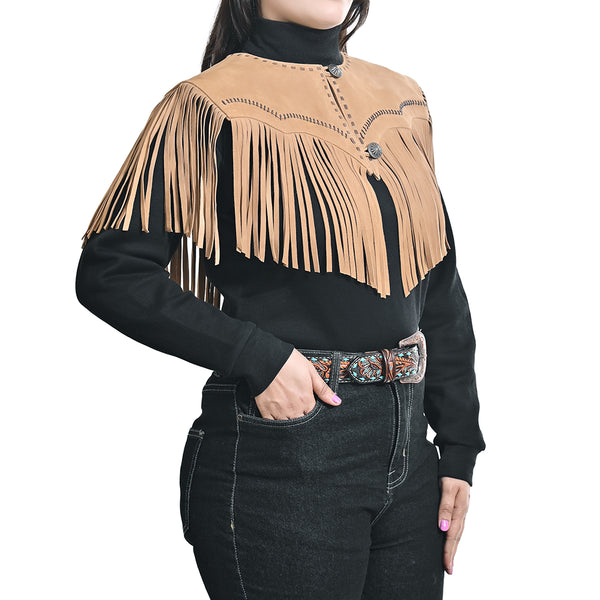 ADDR023B American Darling Tan Suede Leather Fringe Cape Western Concho Vest