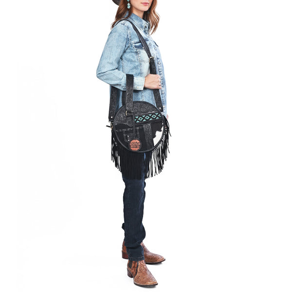 ADBGA976 American Darling Western Hand Tooled Floral Canteen Bag with Hair-On Cowhide & Fringes