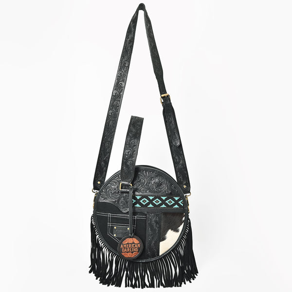 ADBGA976 American Darling Western Hand Tooled Floral Canteen Bag with Hair-On Cowhide & Fringes
