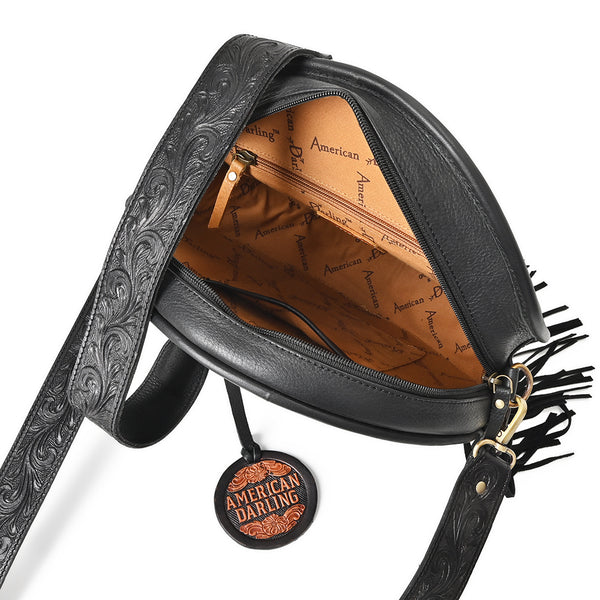 ADBGA976 American Darling Western Hand Tooled Floral Canteen Bag with Hair-On Cowhide & Fringes