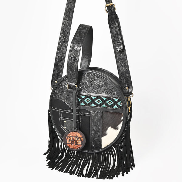 ADBGA976 American Darling Western Hand Tooled Floral Canteen Bag with Hair-On Cowhide & Fringes