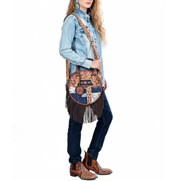 ADBGA977 American Darling Western Hand Tooled Floral Canteen Bag with Denim Patchwork & Fringes