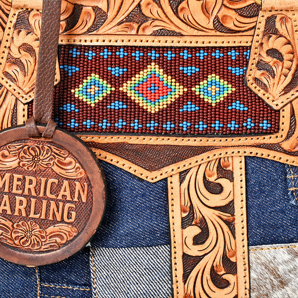 ADBGA977 American Darling Western Hand Tooled Floral Canteen Bag with Denim Patchwork & Fringes