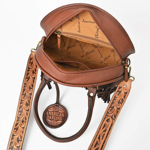 ADBGA977 American Darling Western Hand Tooled Floral Canteen Bag with Denim Patchwork & Fringes