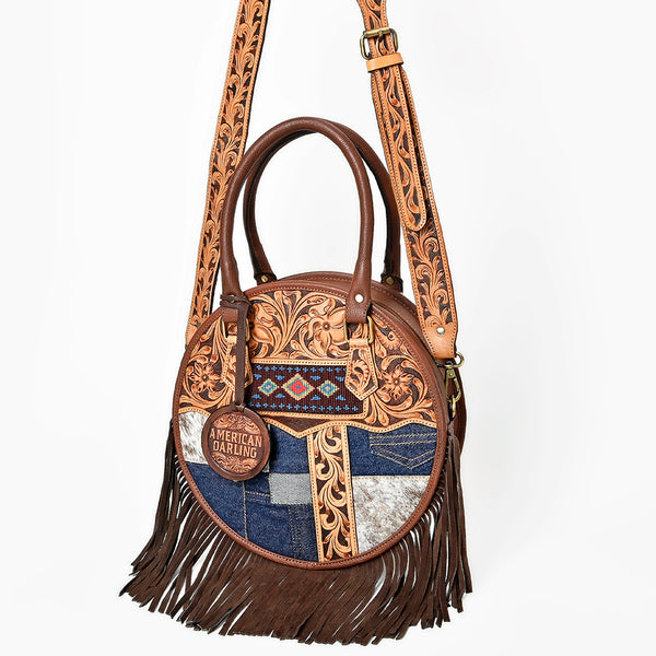 ADBGA977 American Darling Western Hand Tooled Floral Canteen Bag with Denim Patchwork & Fringes