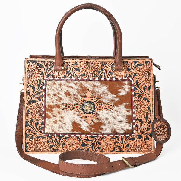 ADBGA980 American Darling Western Hand Tooled Floral Tote Bag with Hair-On Cowhide & Concho